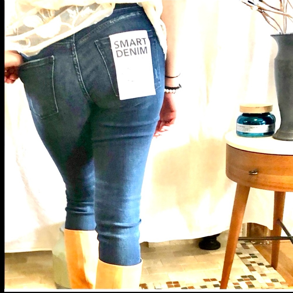 Anthro Smart Jeans Emma 27  Denim Stretch Dark Wash Distrssed - Picture 2 of 8